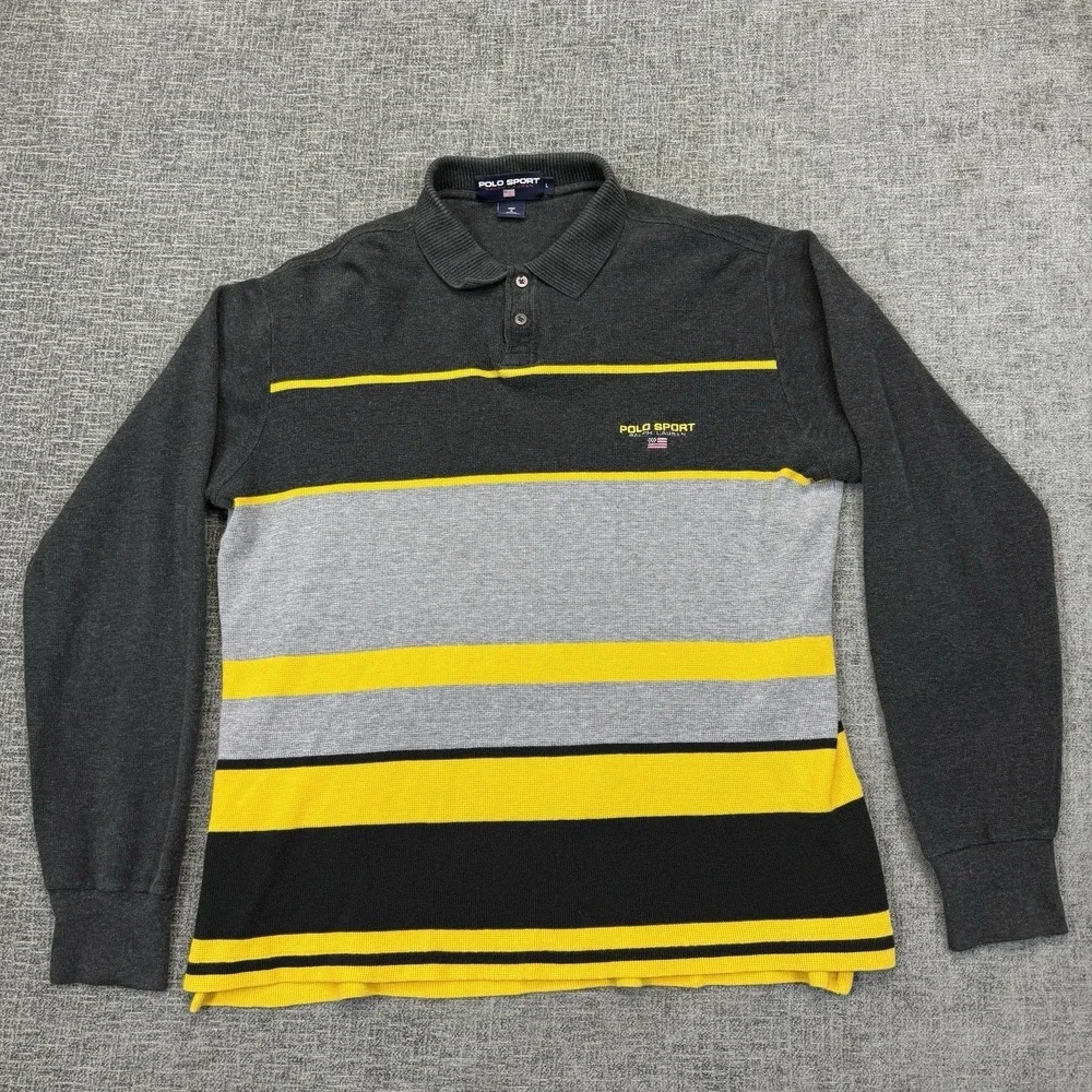 Vintage Polo‎ Sport Ralph Lauren Shirt Mens Large Gray Yellow Long Sleeve Stripe